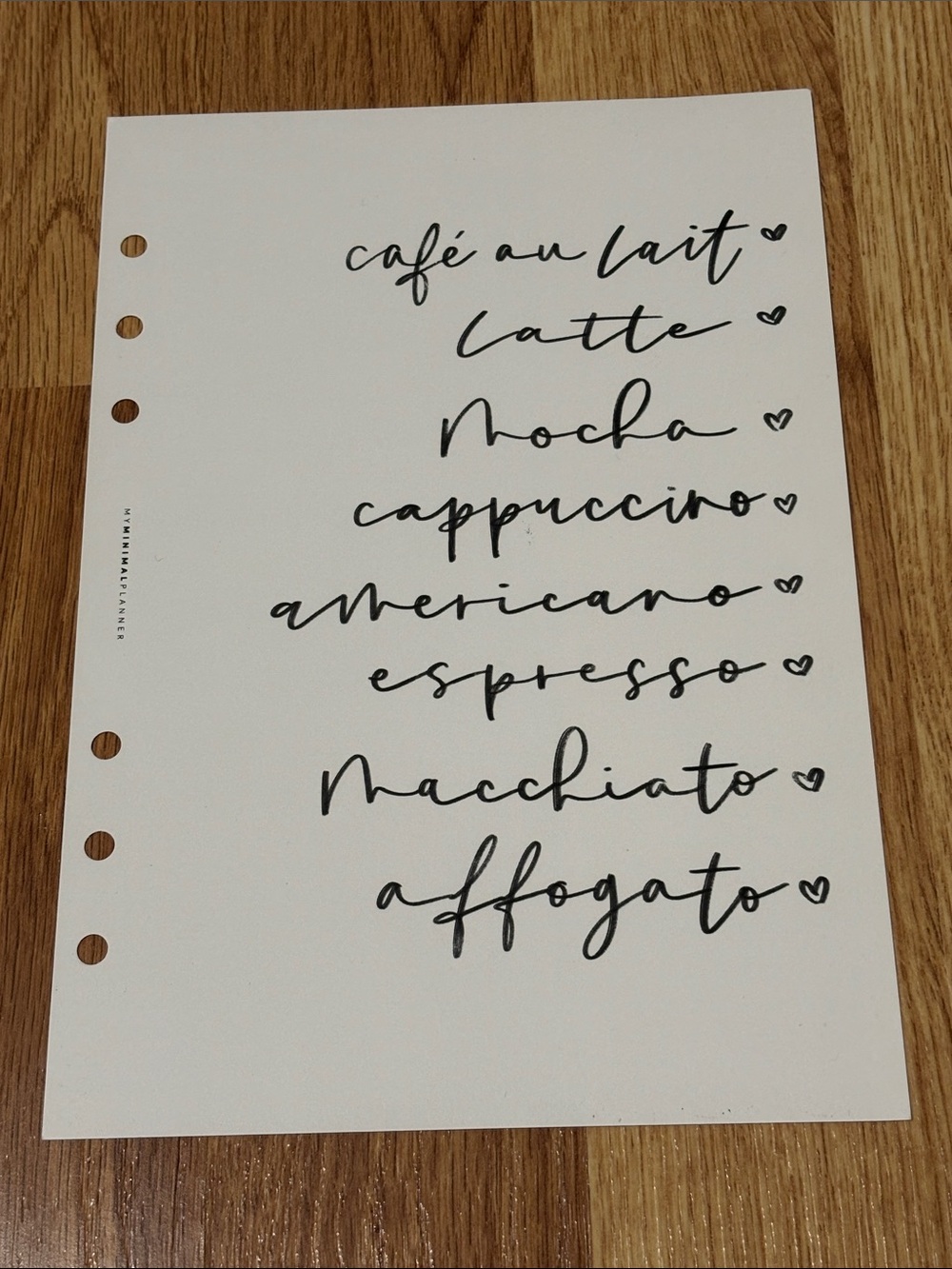 My Minimal Planner Coffee Menu A5 Dashboard Planner Insert
